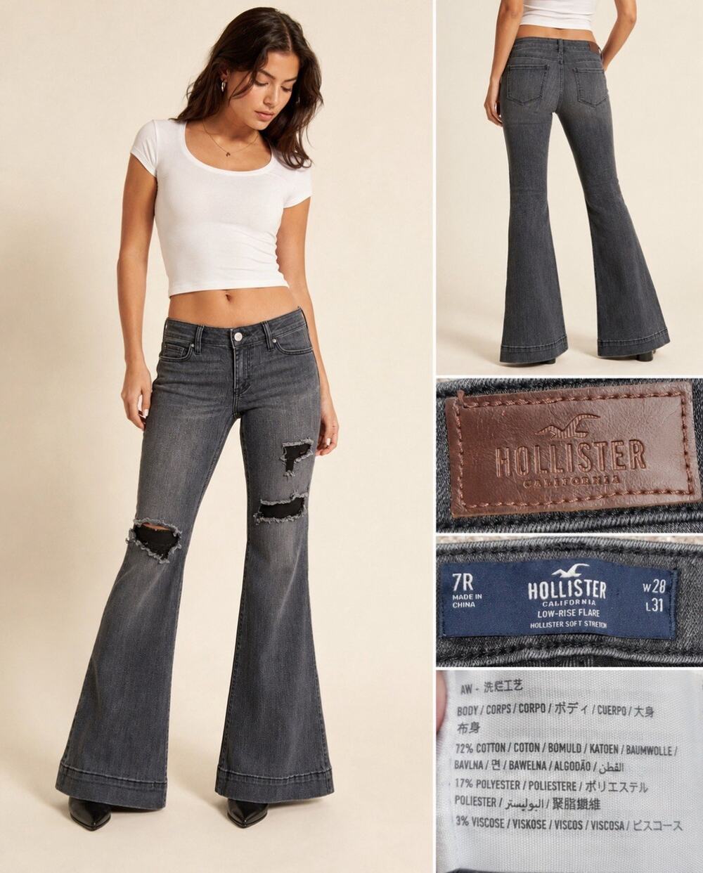 Hollister Low Rise Flare Jeans Size 7 Gray Wash Distressed Indie Sleaze Retro